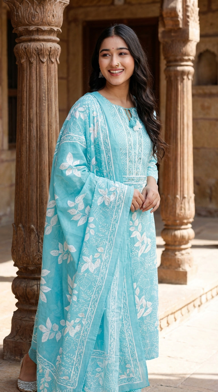 Sky Blue Cotton Kurta Pant Set with Dupatta-800209