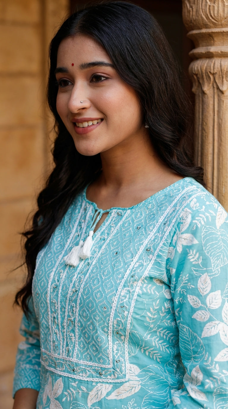 Sky Blue Cotton Kurta Pant Set with Dupatta-800209