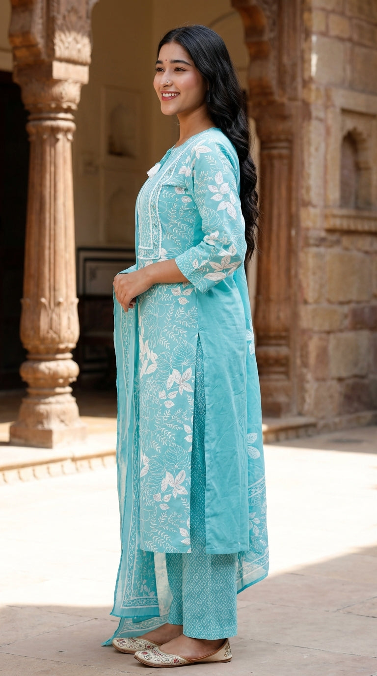 Sky Blue Cotton Kurta Pant Set with Dupatta-800209