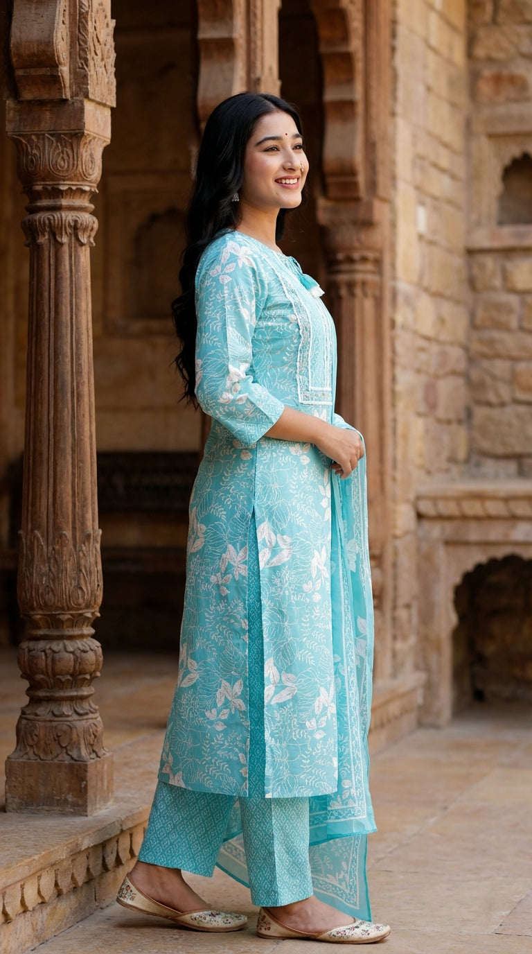 Sky Blue Cotton Kurta Pant Set with Dupatta-800209