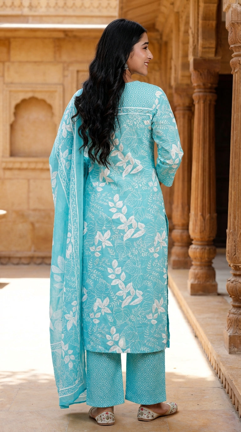Sky Blue Cotton Kurta Pant Set with Dupatta-800209
