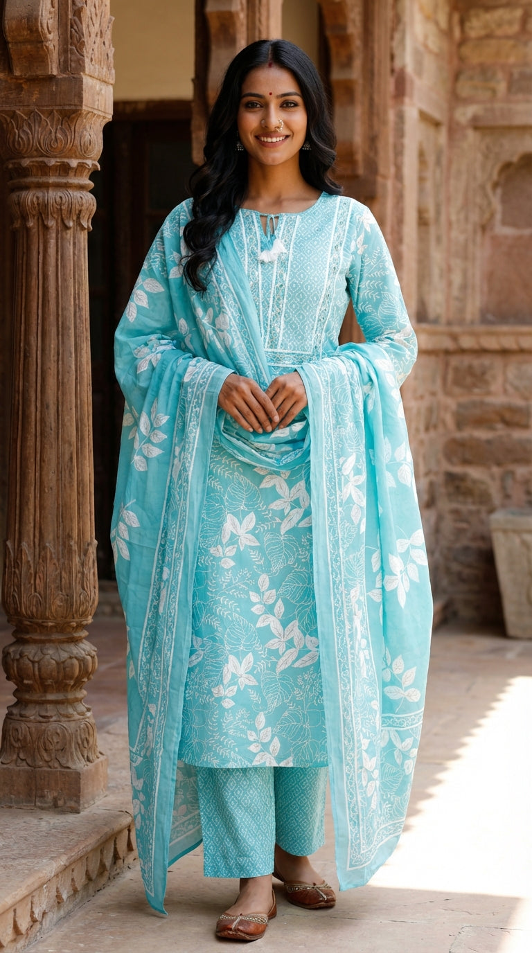 Sky Blue Cotton Kurta Pant Set with Dupatta-800209