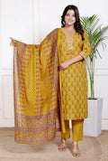 Yellow Cotton  Kurta Pant Set with Dupatta-800210