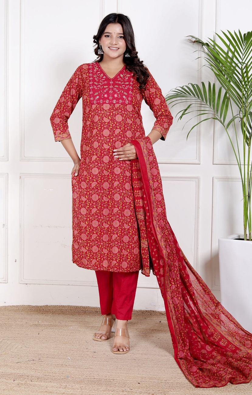 Red Cotton Kurta Pant Set with Dupatta-800211