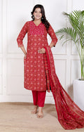 Red Cotton Kurta Pant Set with Dupatta-800211