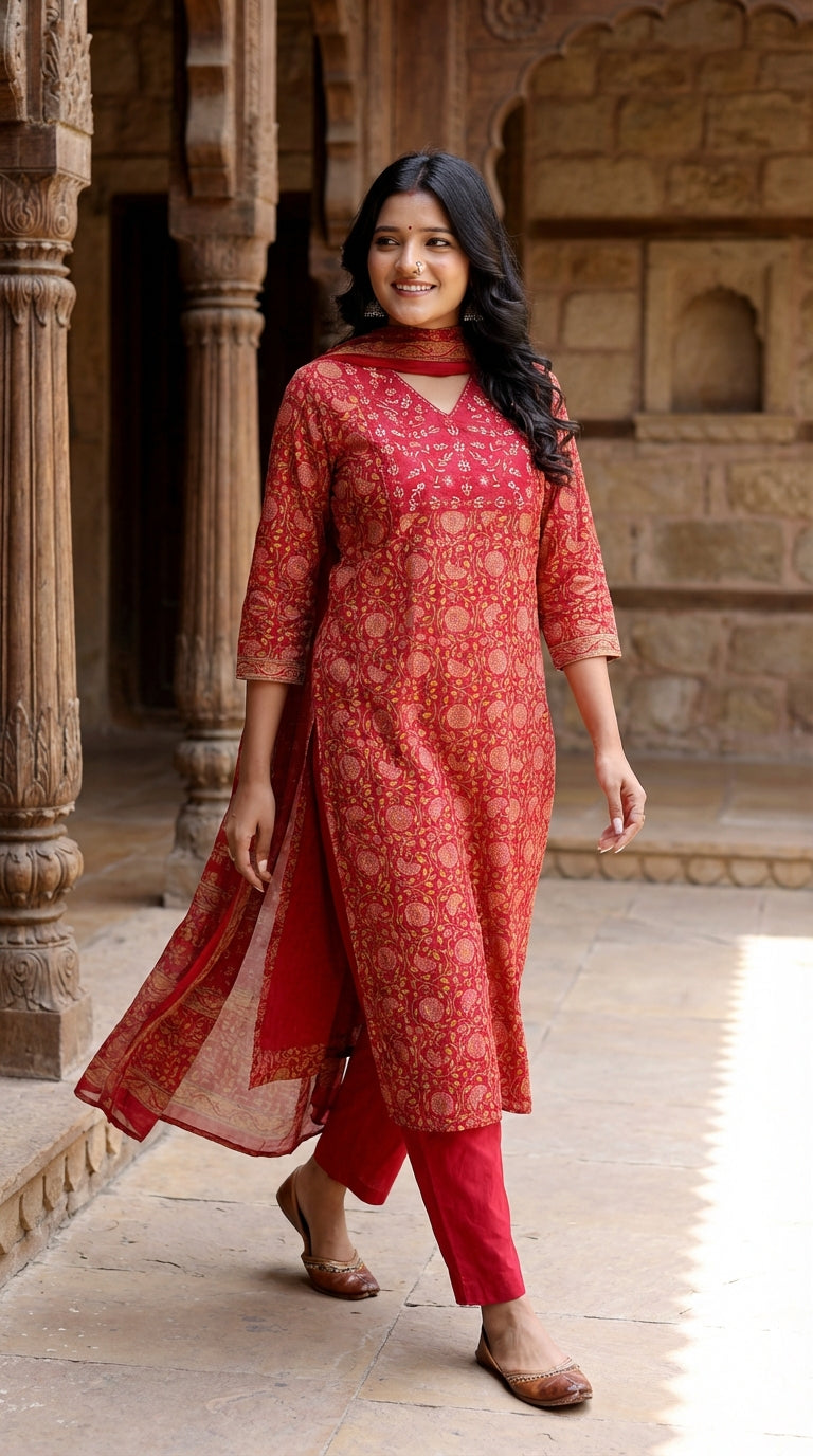 Red Cotton Kurta Pant Set with Dupatta-800211