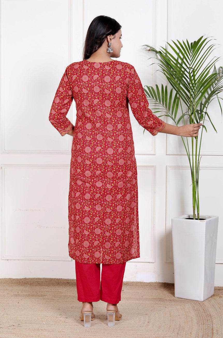 Red Cotton Kurta Pant Set with Dupatta-800211