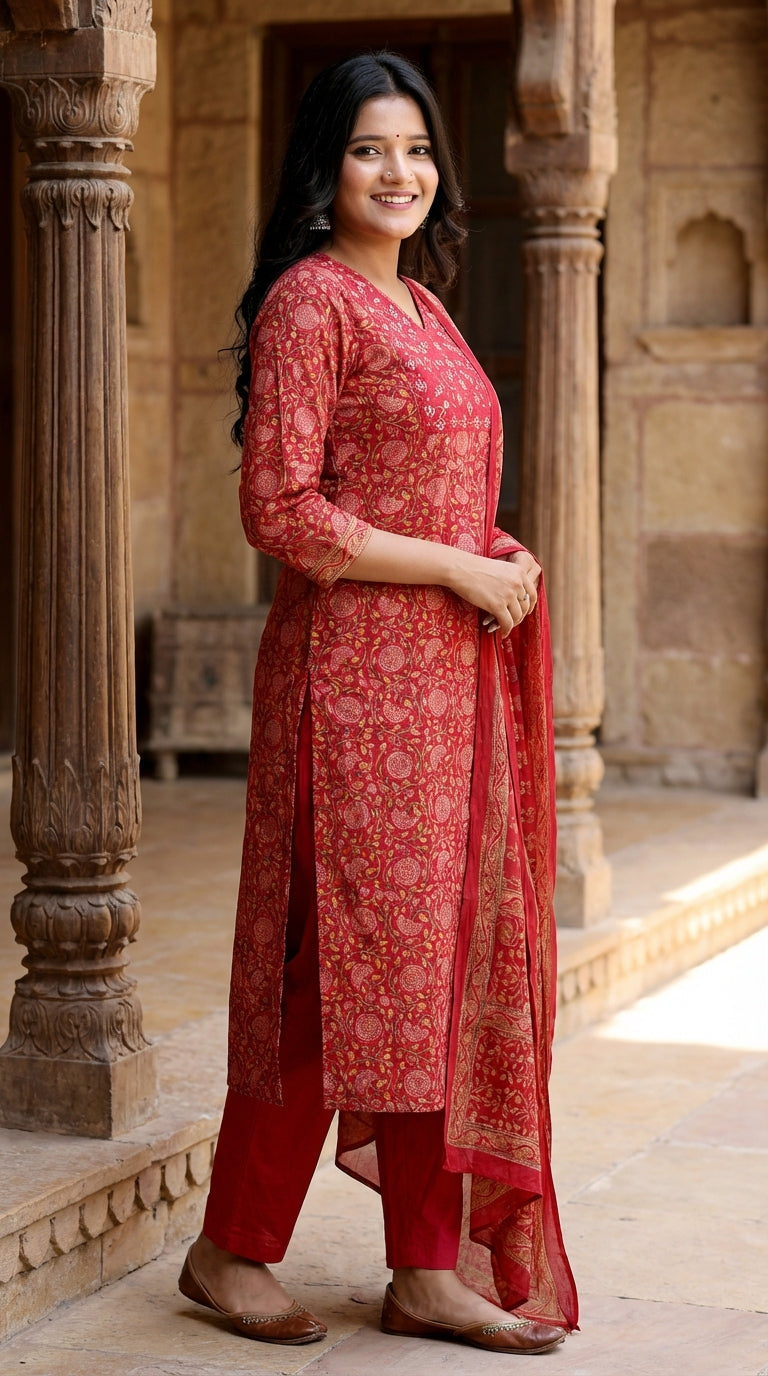 Red Cotton Kurta Pant Set with Dupatta-800211