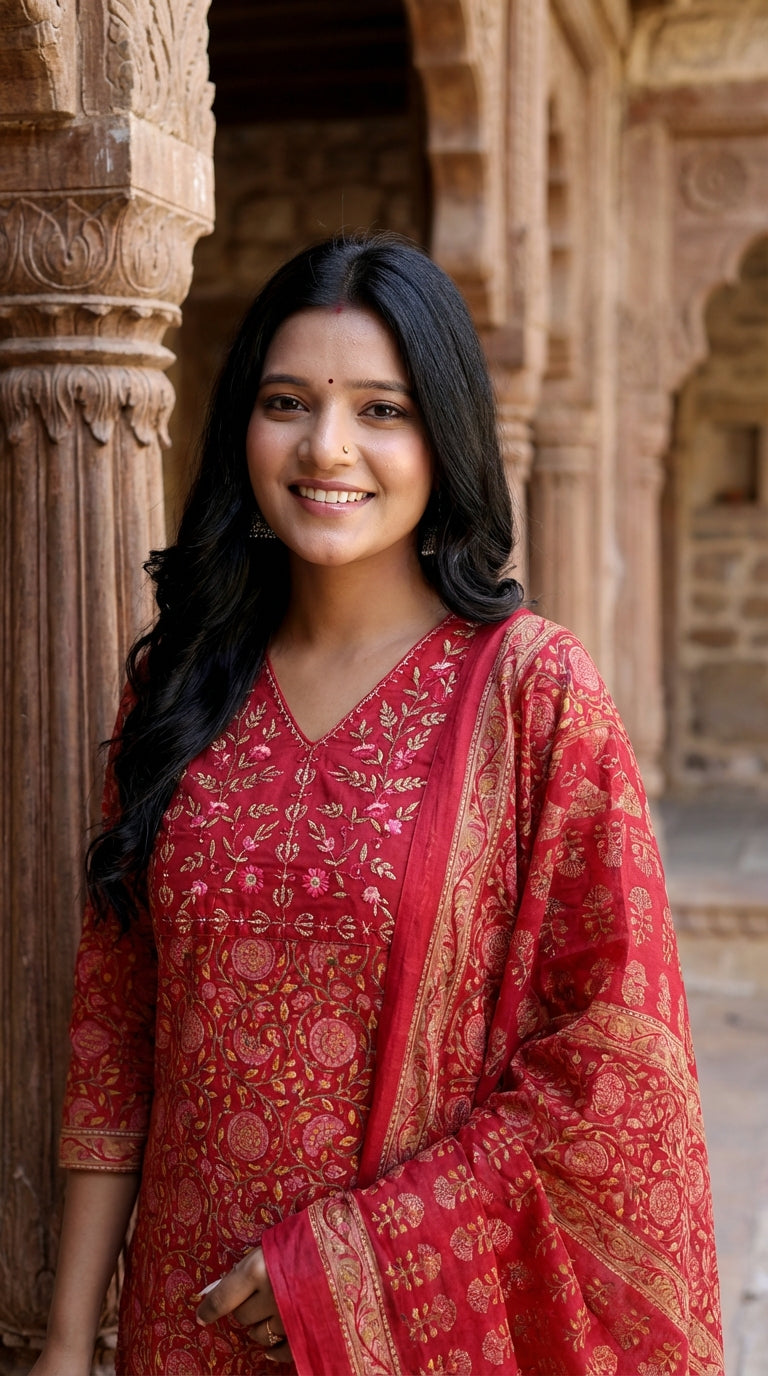 Red Cotton Kurta Pant Set with Dupatta-800211