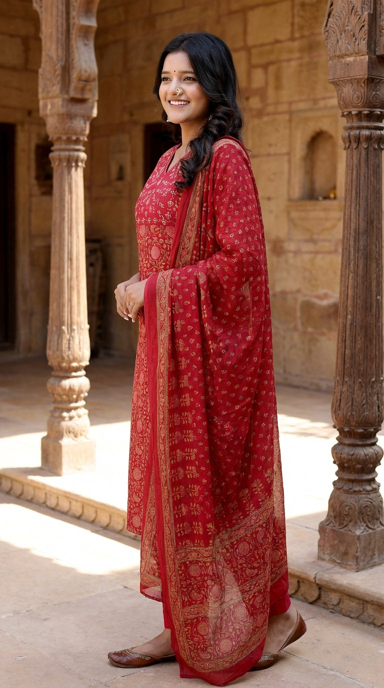 Red Cotton Kurta Pant Set with Dupatta-800211