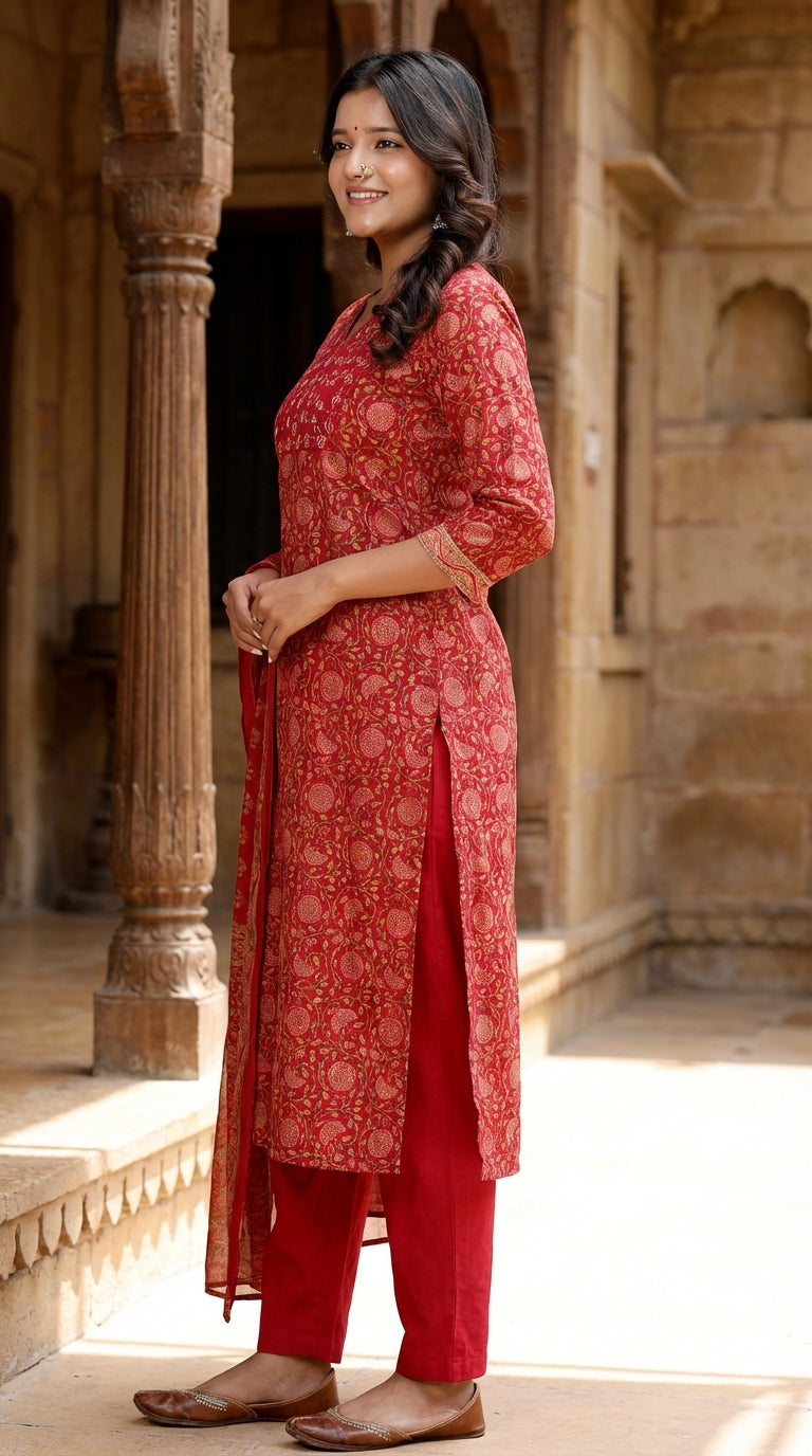Red Cotton Kurta Pant Set with Dupatta-800211