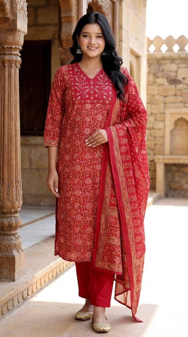 Red Cotton Kurta Pant Set with Dupatta-800211