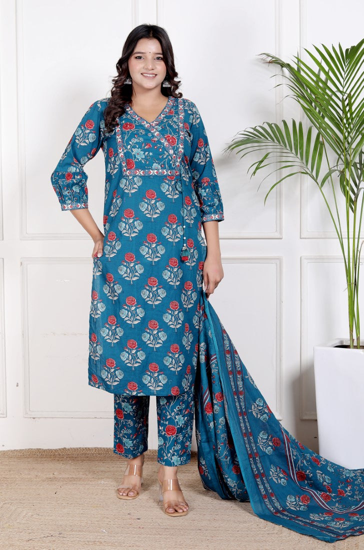 Teal Blue Cotton Kurta Pant Set with Dupatta-800212