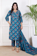 Teal Blue Cotton Kurta Pant Set with Dupatta-800212