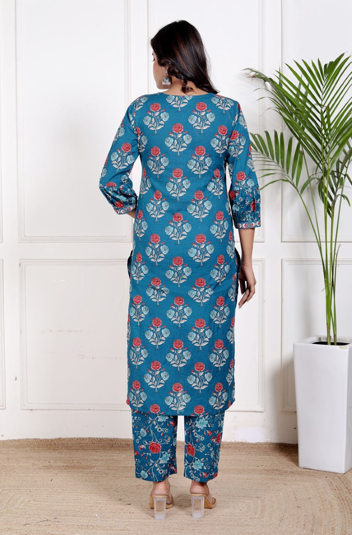Teal Blue Cotton Kurta Pant Set with Dupatta-800212