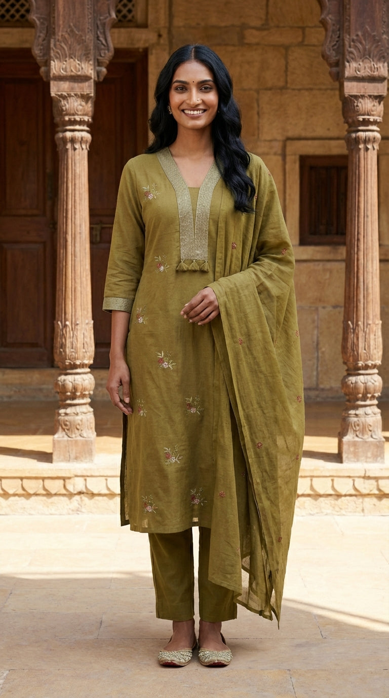 Mustard Cotton Kurta Pant Set with Dupatta-800214
