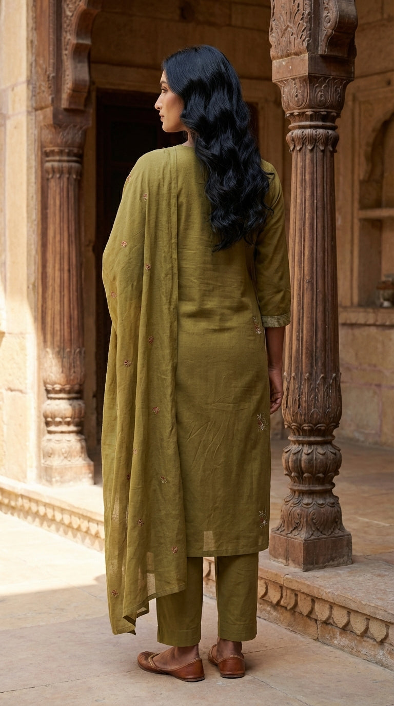 Mustard Cotton Kurta Pant Set with Dupatta-800214