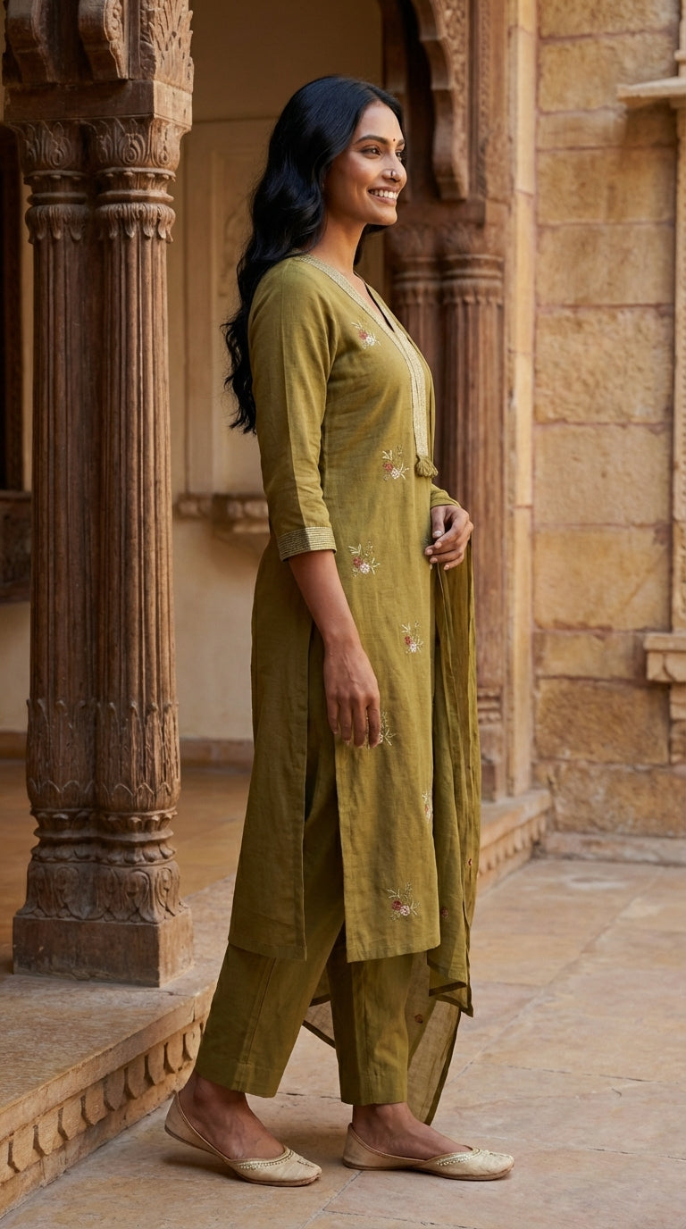 Mustard Cotton Kurta Pant Set with Dupatta-800214