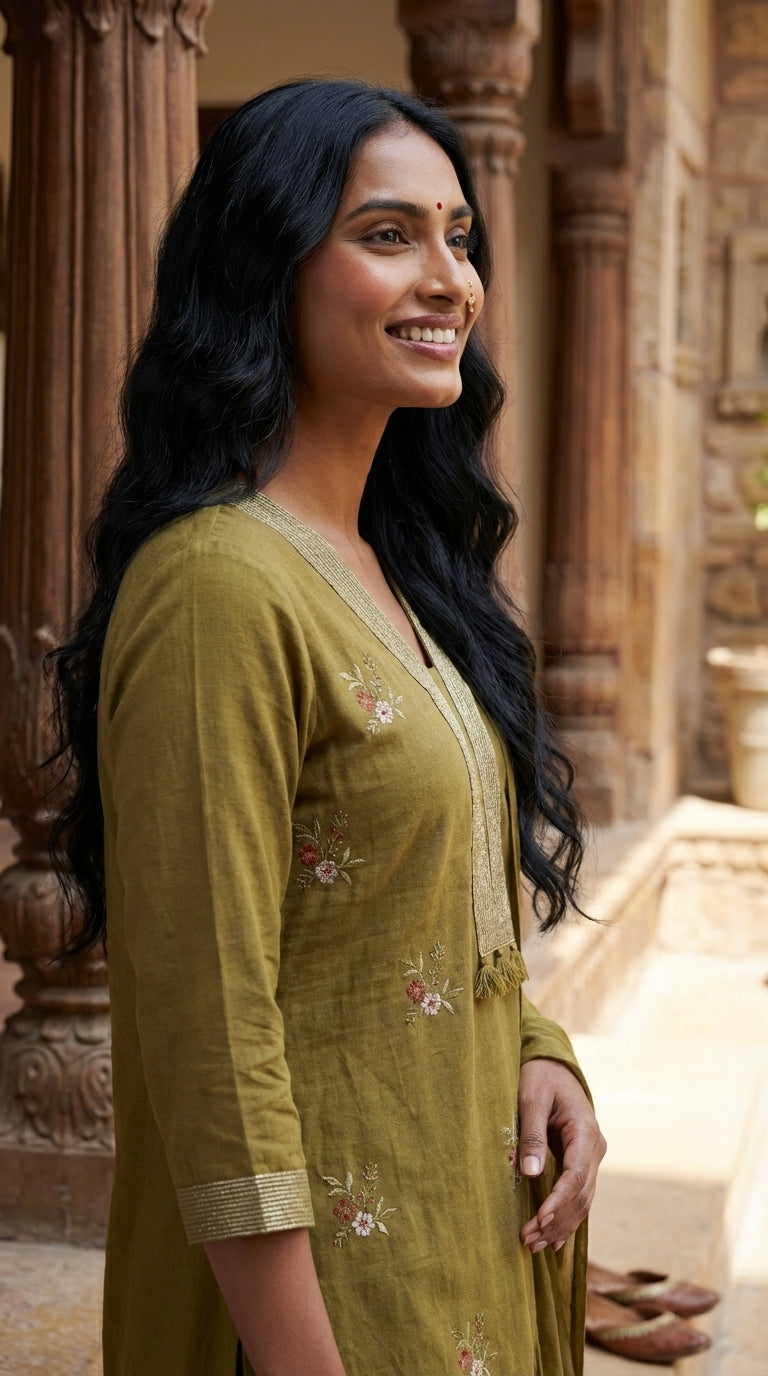 Mustard Cotton Kurta Pant Set with Dupatta-800214