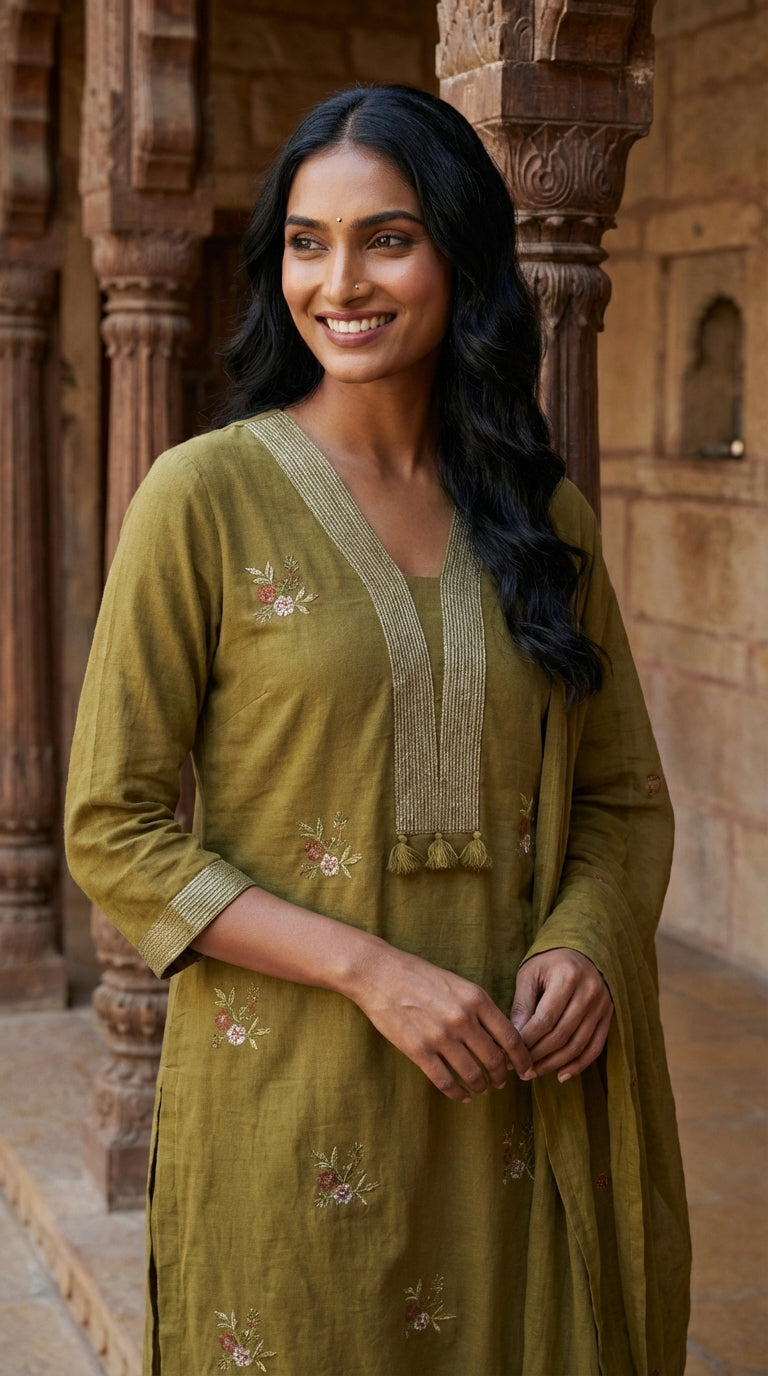 Mustard Cotton Kurta Pant Set with Dupatta-800214