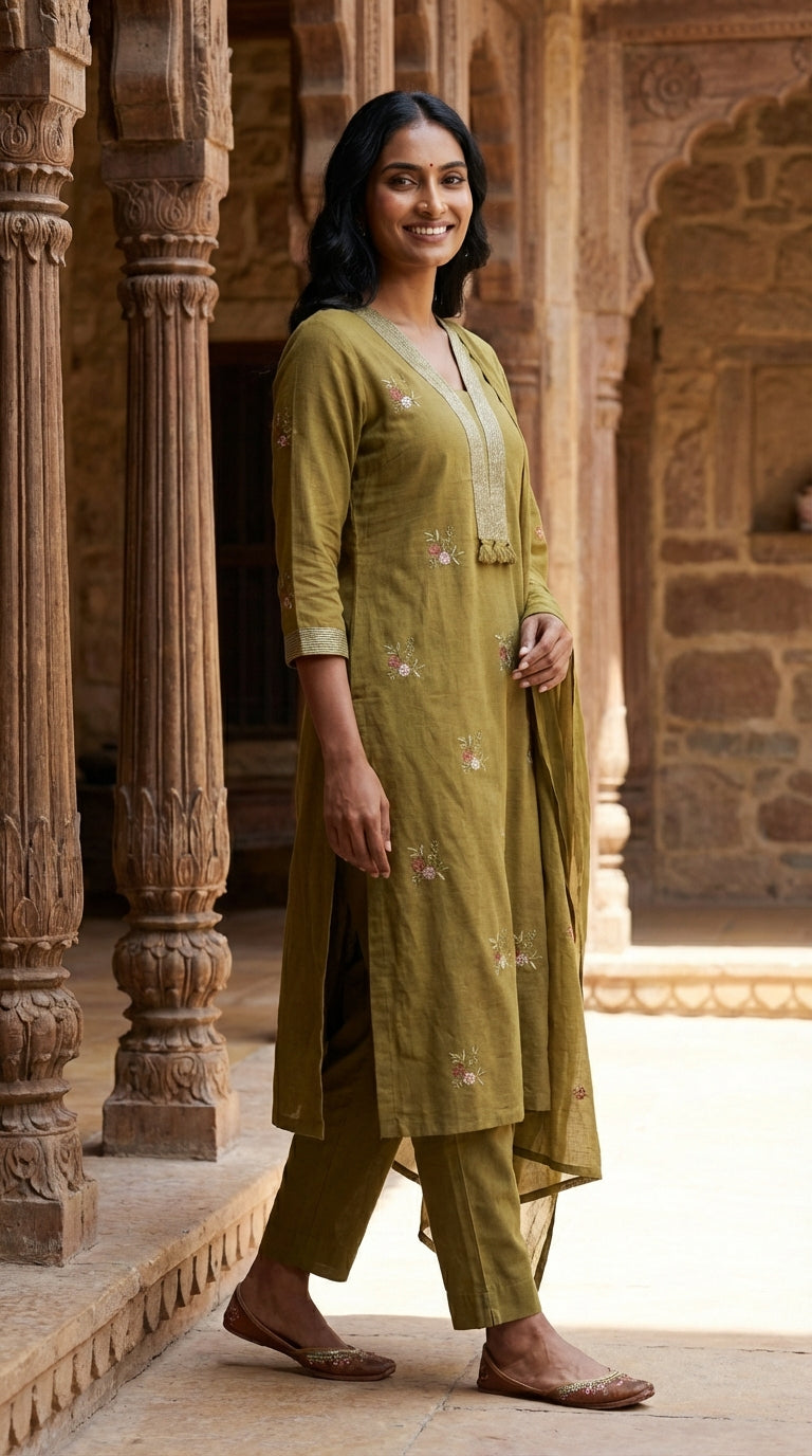 Mustard Cotton Kurta Pant Set with Dupatta-800214