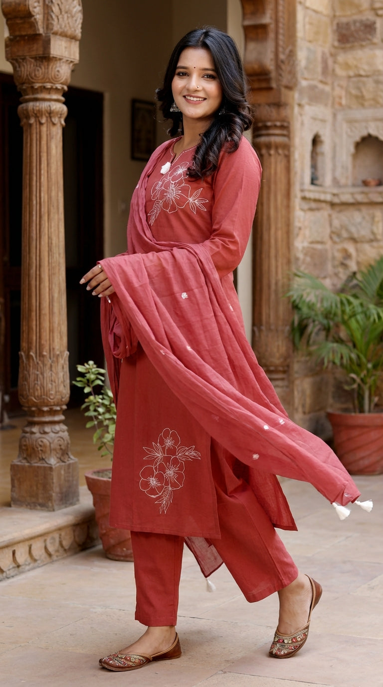 Red Cotton Kurta Pant Set with Dupatta-800215