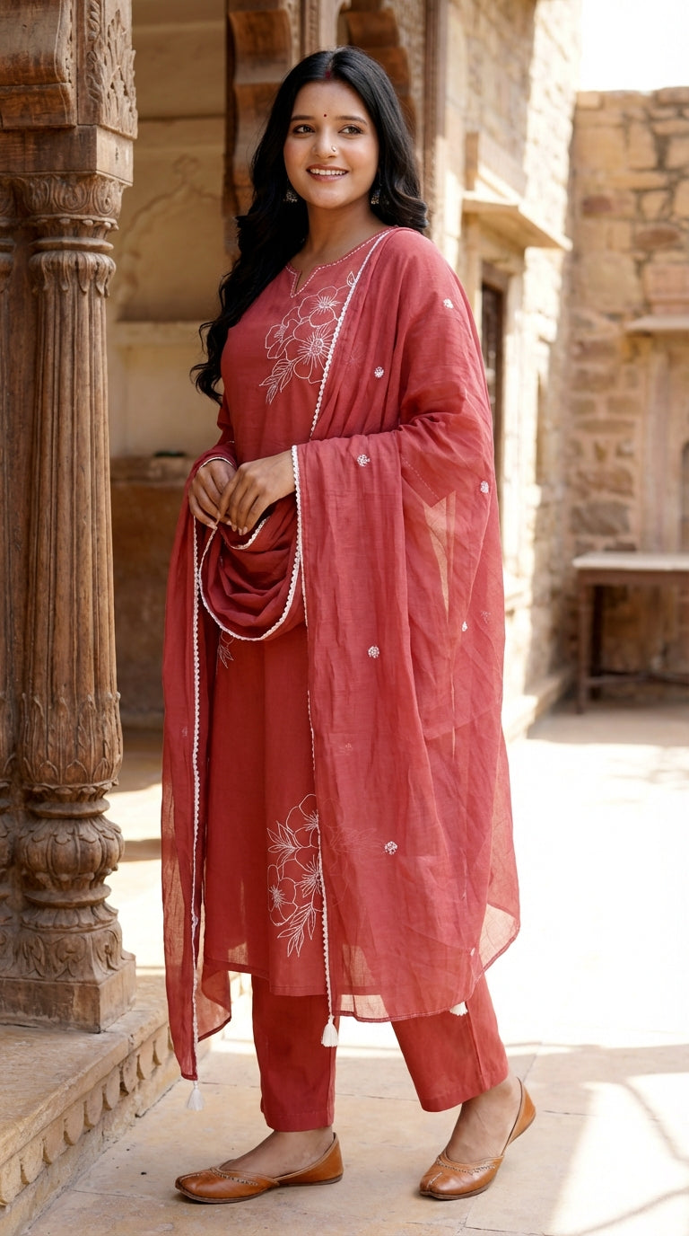 Red Cotton Kurta Pant Set with Dupatta-800215