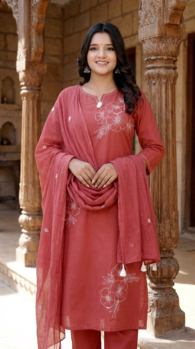 Red Cotton Kurta Pant Set with Dupatta-800215