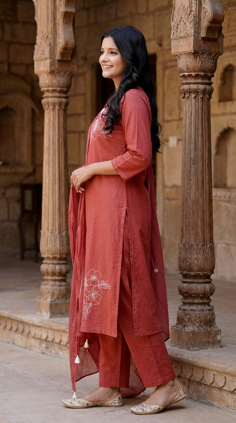 Red Cotton Kurta Pant Set with Dupatta-800215