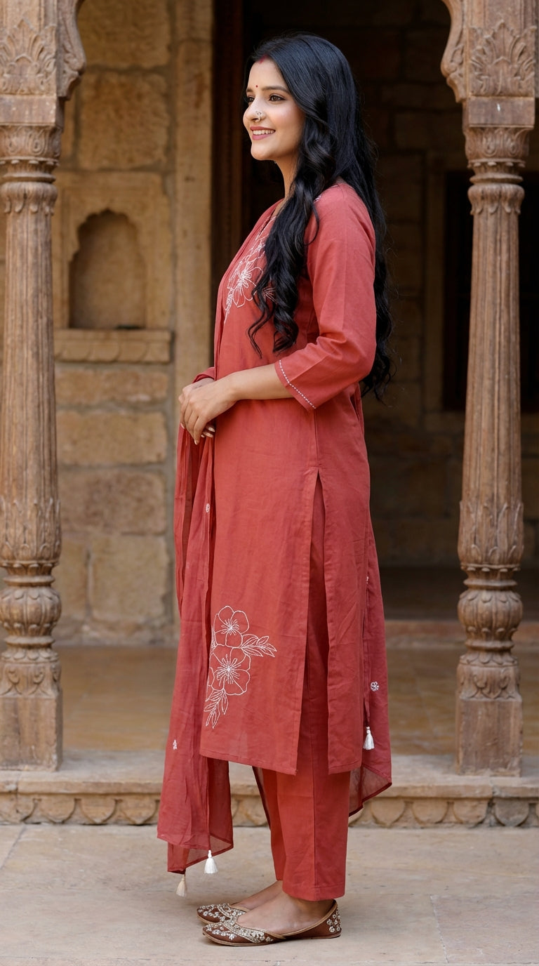 Red Cotton Kurta Pant Set with Dupatta-800215