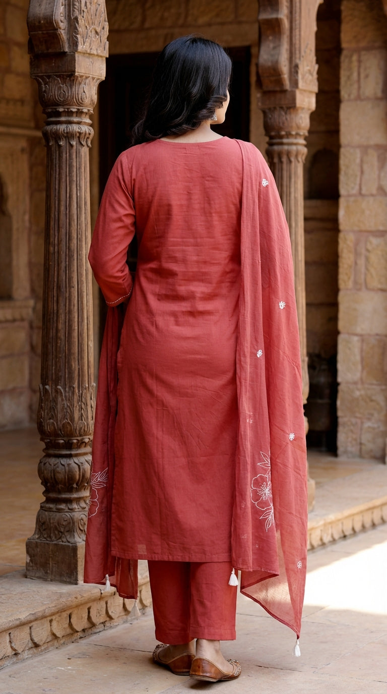 Red Cotton Kurta Pant Set with Dupatta-800215