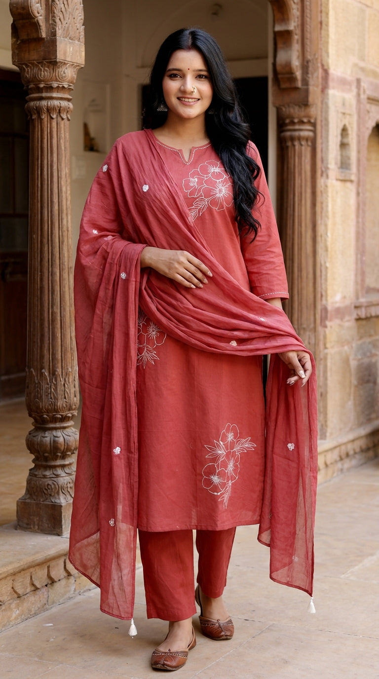 Red Cotton Kurta Pant Set with Dupatta-800215