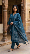 Teal Blue Cotton Kurta Pant Set with Dupatta-800216