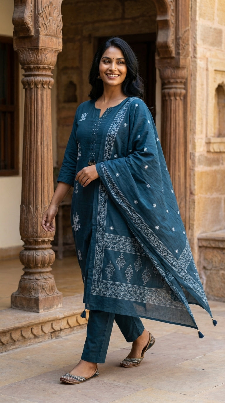 Teal Blue Cotton Kurta Pant Set with Dupatta-800216