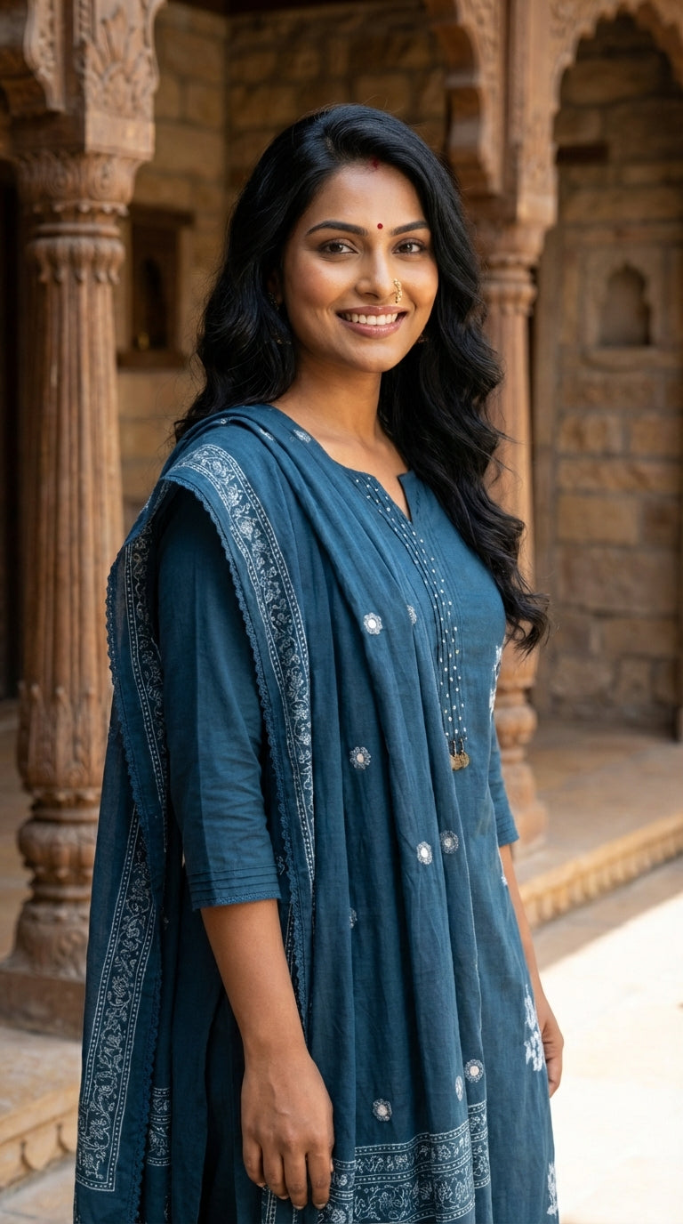 Teal Blue Cotton Kurta Pant Set with Dupatta-800216