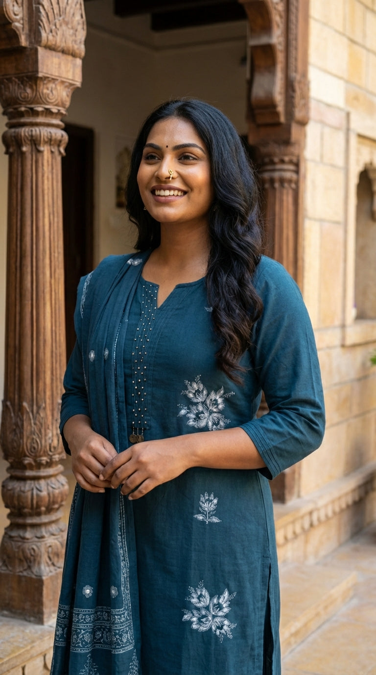 Teal Blue Cotton Kurta Pant Set with Dupatta-800216