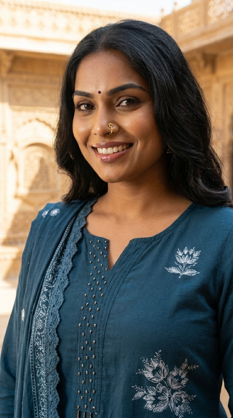 Teal Blue Cotton Kurta Pant Set with Dupatta-800216