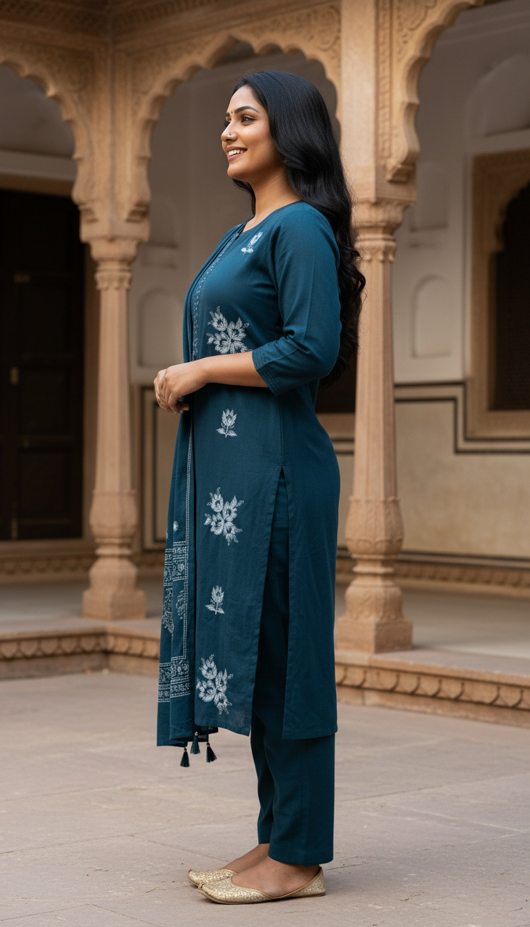 Teal Blue Cotton Kurta Pant Set with Dupatta-800216