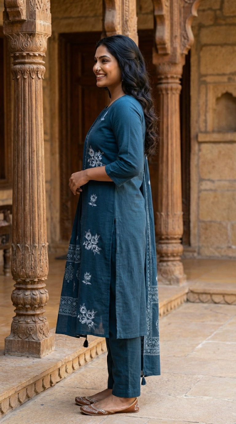 Teal Blue Cotton Kurta Pant Set with Dupatta-800216
