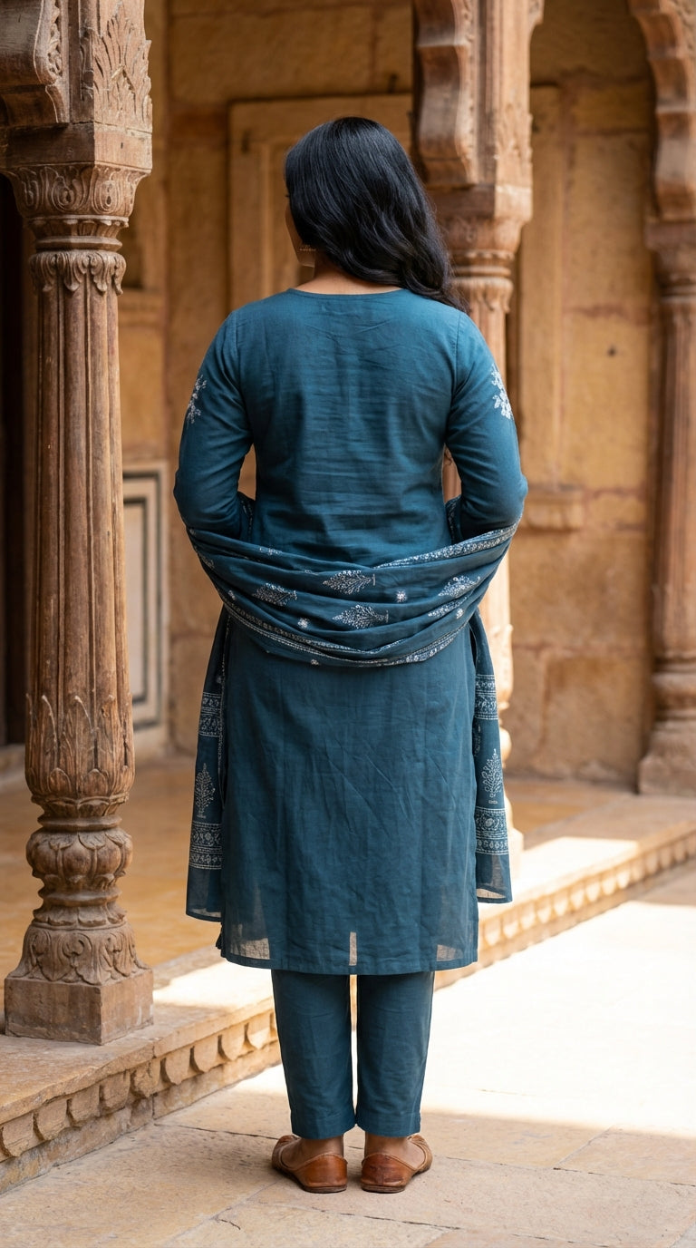 Teal Blue Cotton Kurta Pant Set with Dupatta-800216