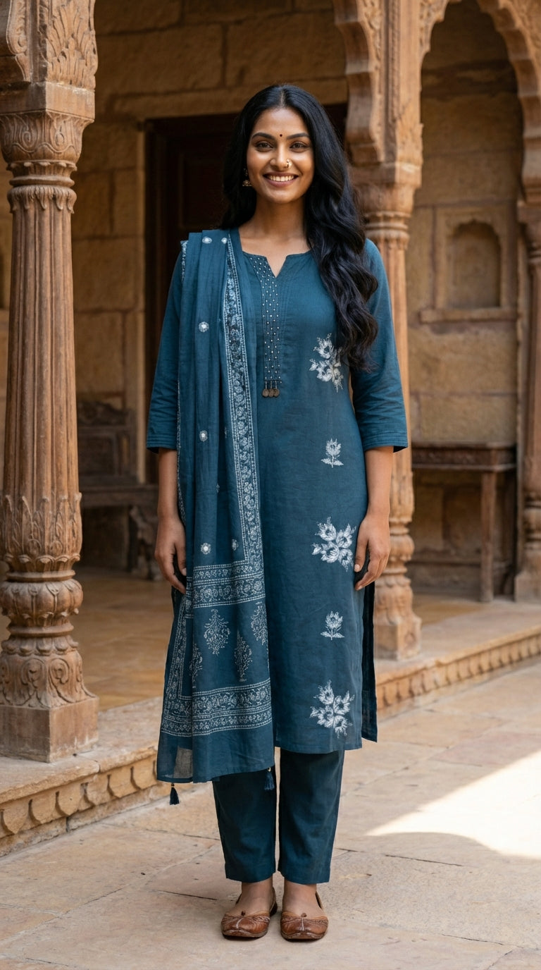 Teal Blue Cotton Kurta Pant Set with Dupatta-800216