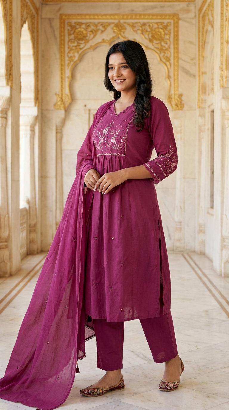 Maroon Cotton Kurta Pant Set with Dupatta-800217