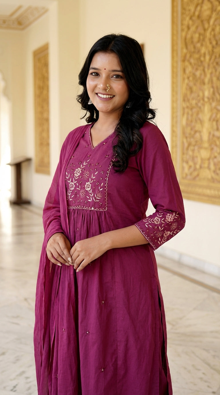 Maroon Cotton Kurta Pant Set with Dupatta-800217