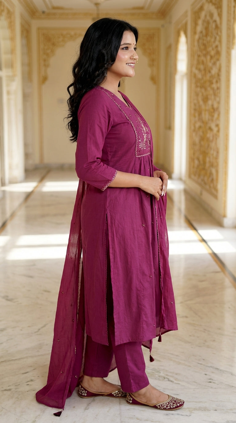 Maroon Cotton Kurta Pant Set with Dupatta-800217