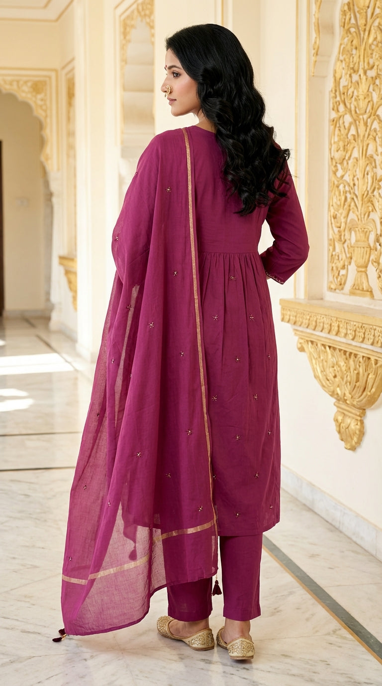 Maroon Cotton Kurta Pant Set with Dupatta-800217