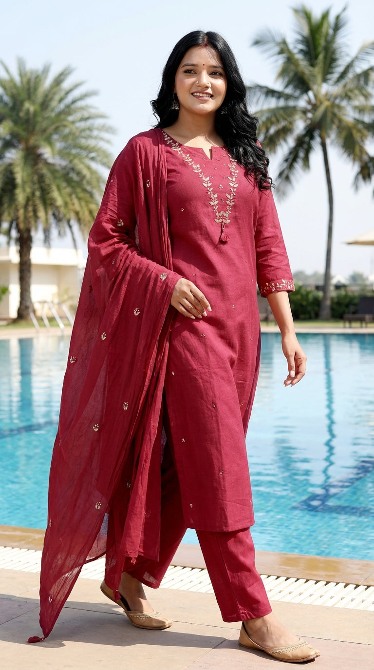 Maroon Cotton Kurta Pant Set with Dupatta-800218