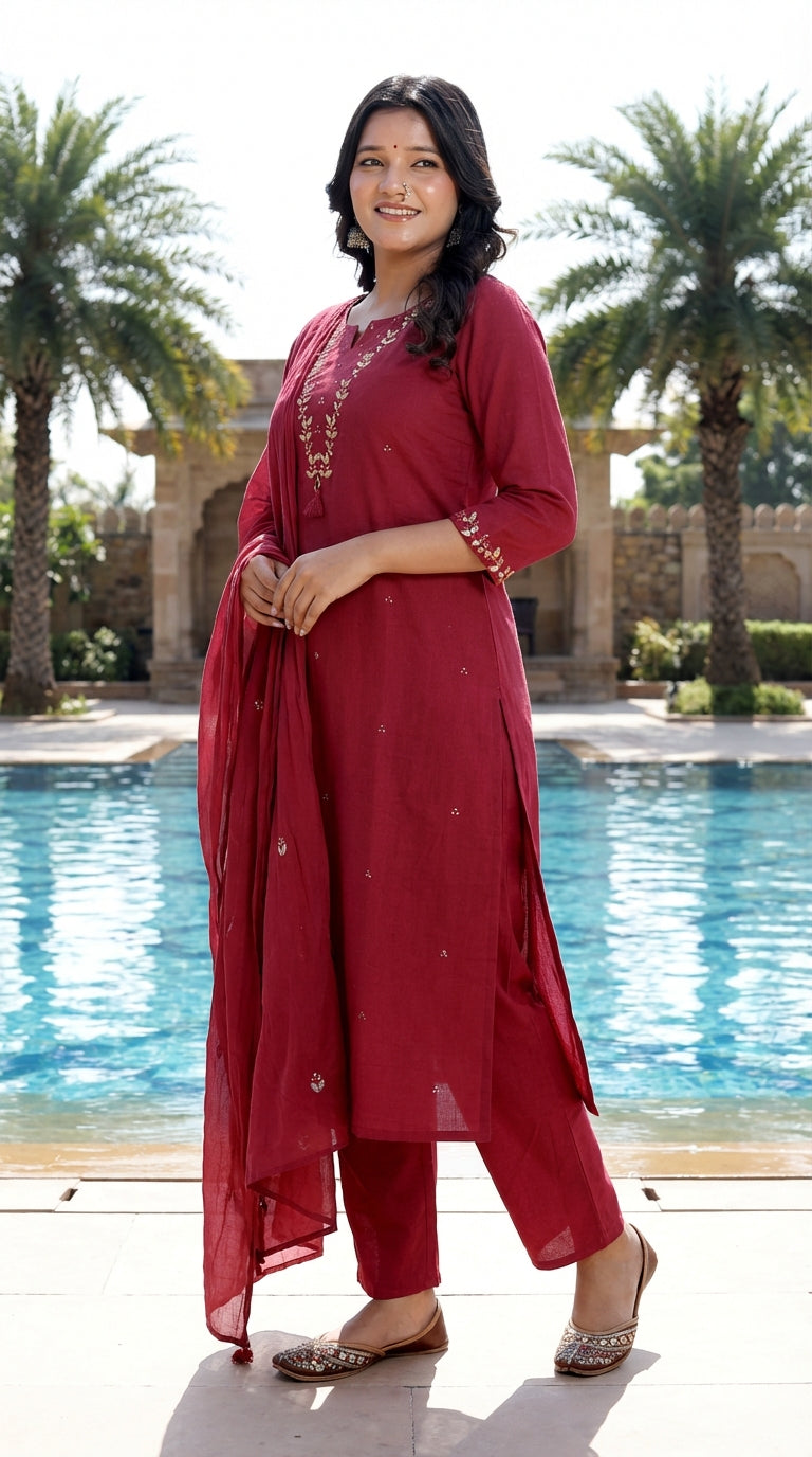 Maroon Cotton Kurta Pant Set with Dupatta-800218
