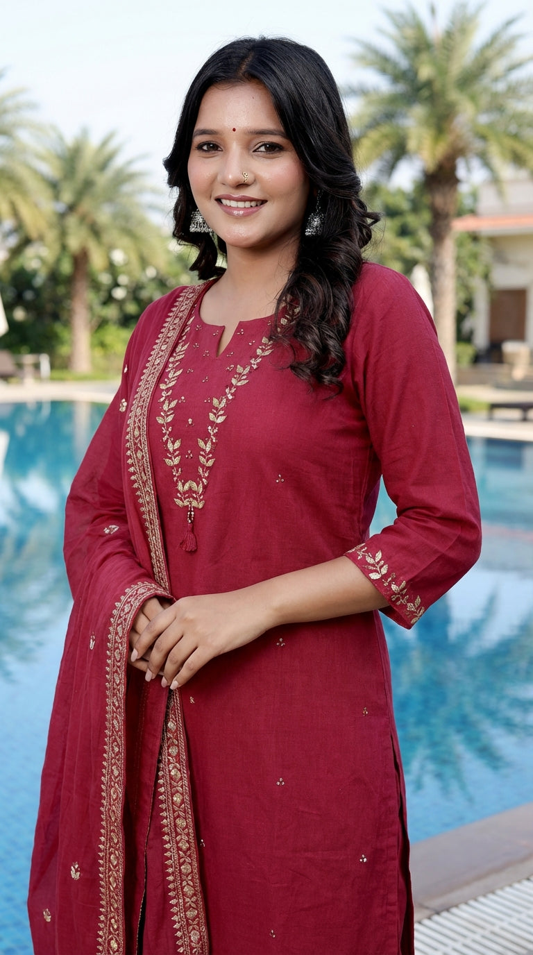 Maroon Cotton Kurta Pant Set with Dupatta-800218
