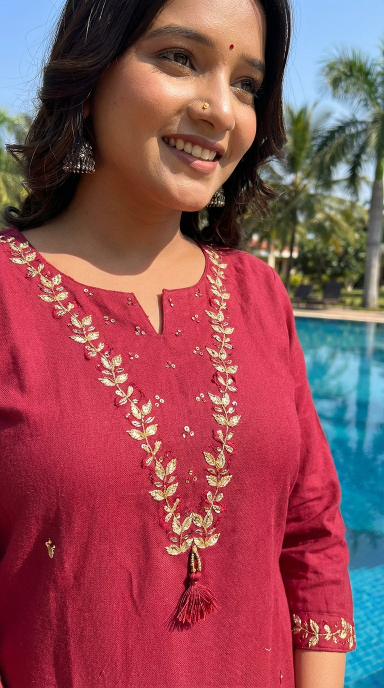 Maroon Cotton Kurta Pant Set with Dupatta-800218