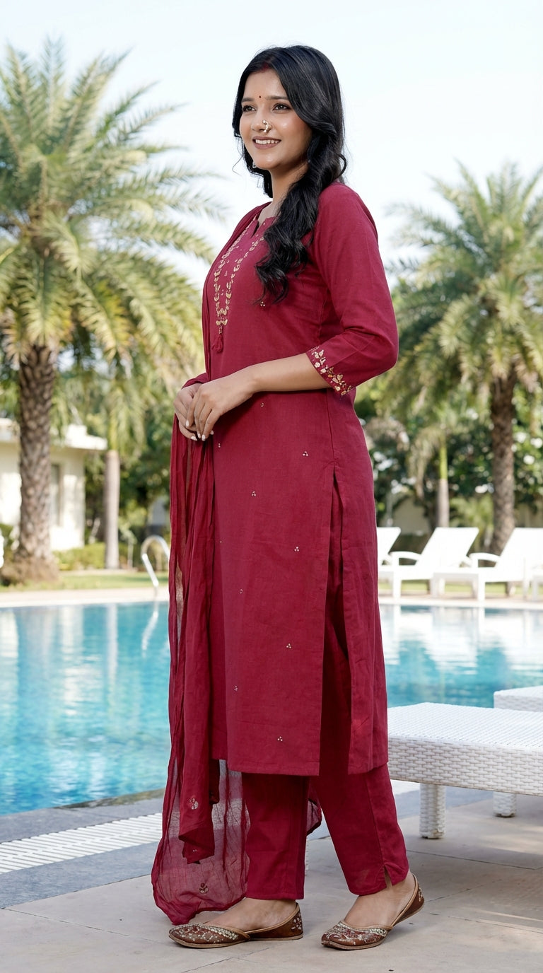 Maroon Cotton Kurta Pant Set with Dupatta-800218